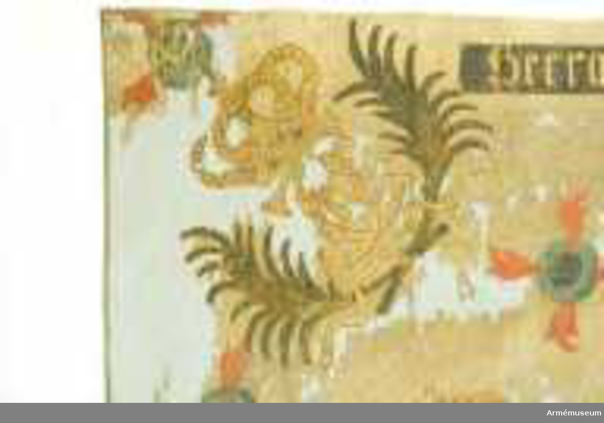 Fanduk av vit taft med målade emblem: I mitten tvenne lejon hållande ett spegelmonogram av C. Inuti monogrammet bataljmålning i övervägande blå färger. I nedre hörnen Carl  XII:s krönta namnchiffer inom korslagda palmkvistar, i övre hörnen korslagda dalpilar och öppen krona - Dalarnas sköldemärke - inom palmkvistar. Längs sidorna brinnande fyrkulor. Utmed övre kanten band med inskription på ena sidan: "Herrans och Gidions swärdh" på andra sidan: "Herre tänk på tin David och uppå alt hans Lÿdande". Ornamenten målade i guld, gult och sepia. Fastspikad med gult ylleband(?) och storkupiga, förgyllda mässingsstift, bandet virat och fastspikat fem varv nedom duk på stången. Runt övre och nedre kanten en kort frans omkring stången. Stång av gråvitmålad furu. Stångens färg till största delen bortnött. Spets av förgylld mässing. Holkens vulster är rikt profilerade. Bladet saknas. Holkens längd är 110 mm.