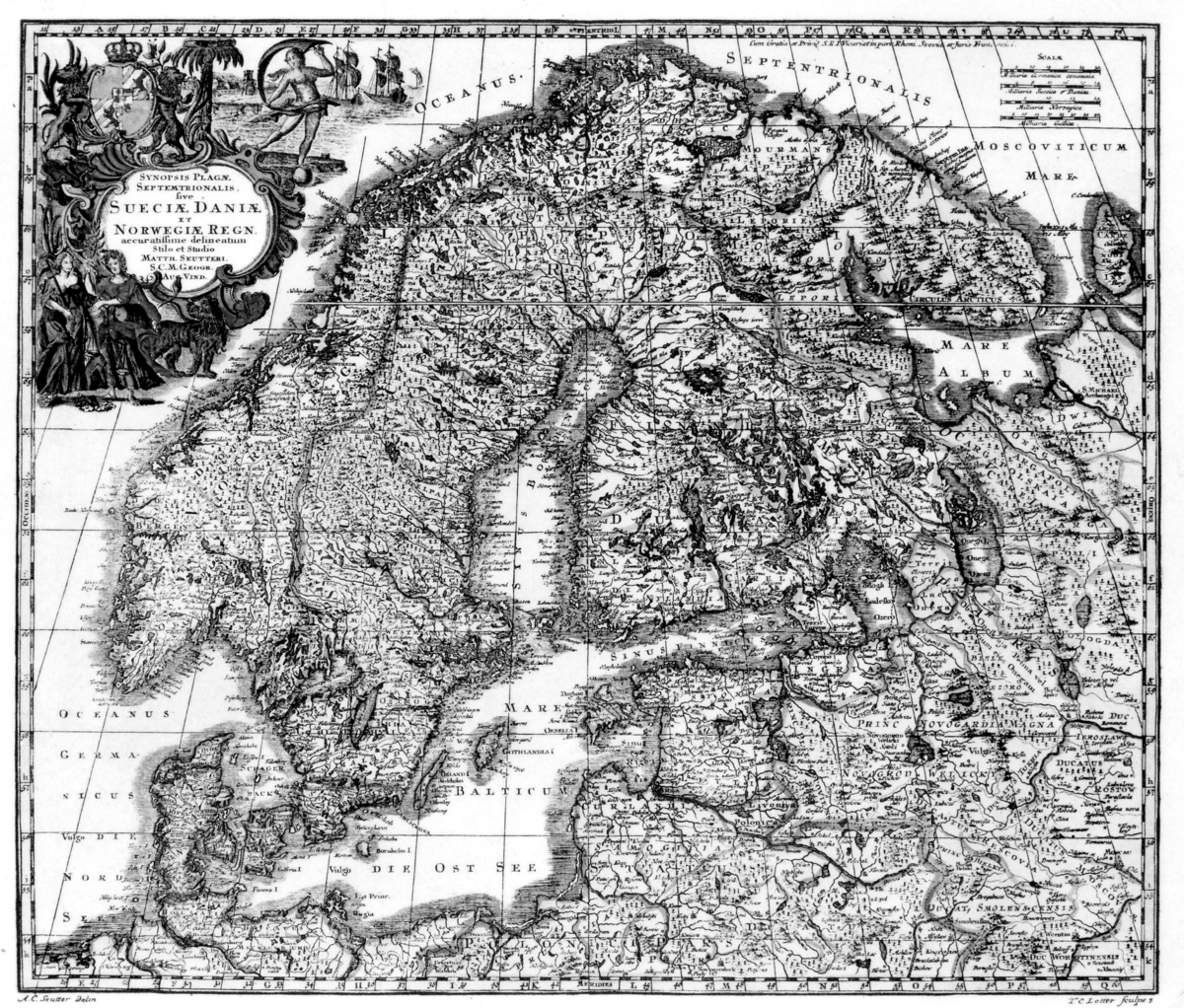 Karta över Sverige/Finland och Danmark/Norge,
reproduktion efter original. I en kartusch uppe i vänstra hörnet står
texten seMRK.
