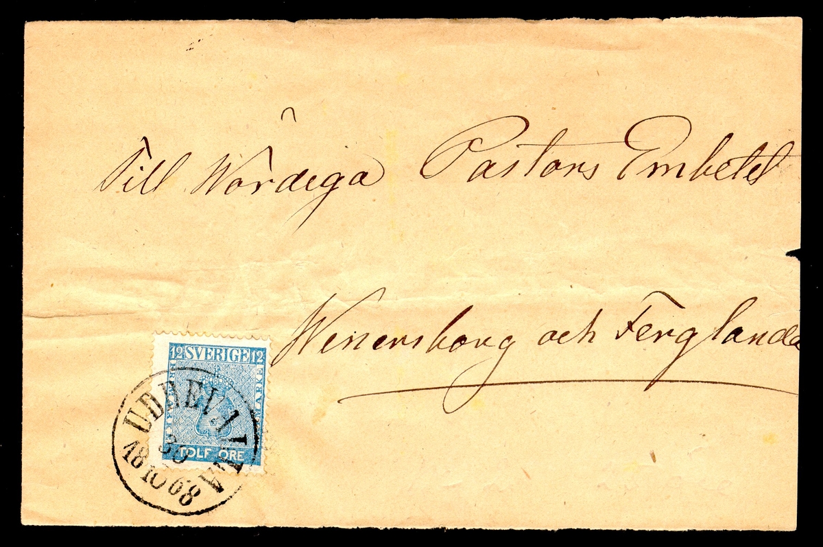 Albumblad innehållande 1 monterat brev

Text: Brev avsänt från Uddevalla den 30 oktober 1868 till
Wenersborg och Ferglanda, frankerat med 12 öre Vapentyp.

Stämpeltyp: Normalstämpel 10