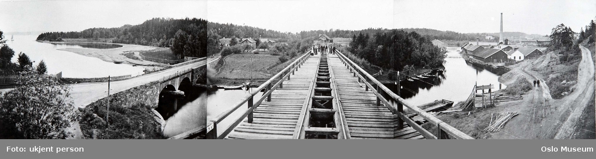 panorama, veibro, jernbanebro, elv, mennesker, fabrikkbygninger, Lysaker stasjon