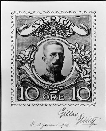 Frimärksförlaga till frimärket Gustaf V i medaljong 1910. Förslagsteckning nr 2.
Valör 10 öre.