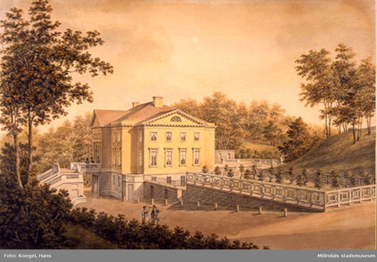 Akvarell föreställande Gunnebo slott, avfotograferad 1997.  Akvarellmålning från cirka 1790-1827 av konstnären Justus Fredrik Weinberg, signatur J. F Weinberg.