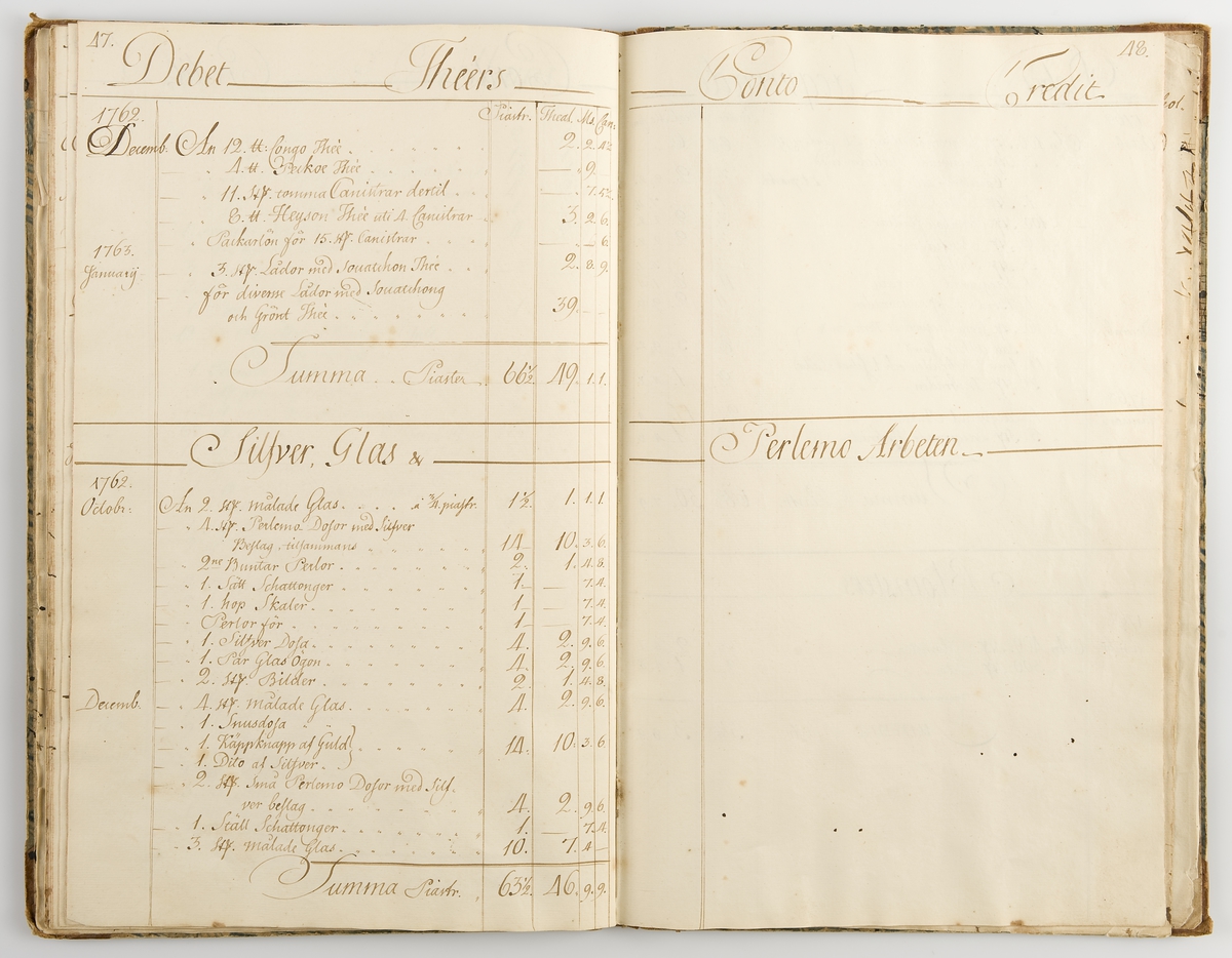Räkenskapsbok förd ombord i skeppet Stockholms Slott av kapten M Holmers 1762-1763.