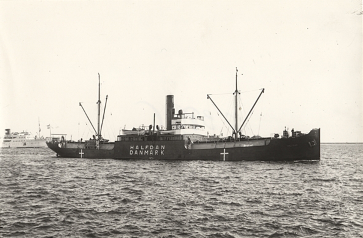 Foto i svartvitt visande lastångfartyget "HALFDAN" av Köpenhamn i Köpenhamn under andra världskriget.
