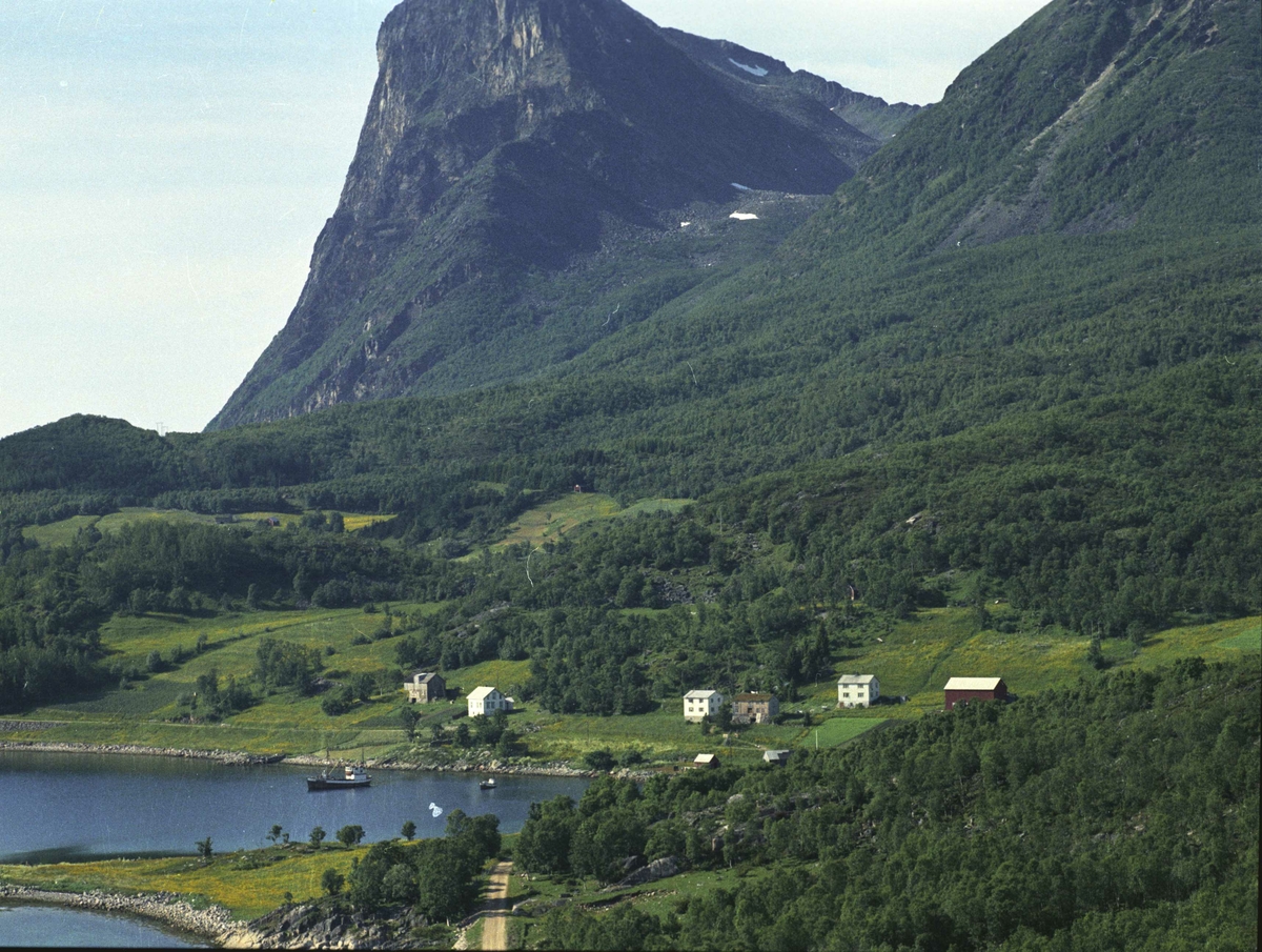 Flyfoto fra Varmedal på Grytøya, med fjell i bakgrunnen.