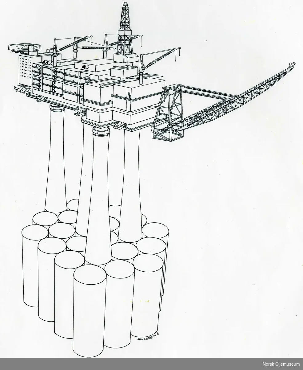 "Gullfaks A" tegnet av Jan Ulriksen i 1983