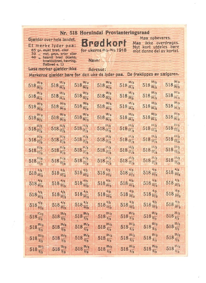 Tre rasjoneringskort for Hornindal Provianteringsraad i 1918. Ubrukte. Korta gjeld for månadane Januar, Februar og Mars. 
Det er forskjellige fargar på korta.