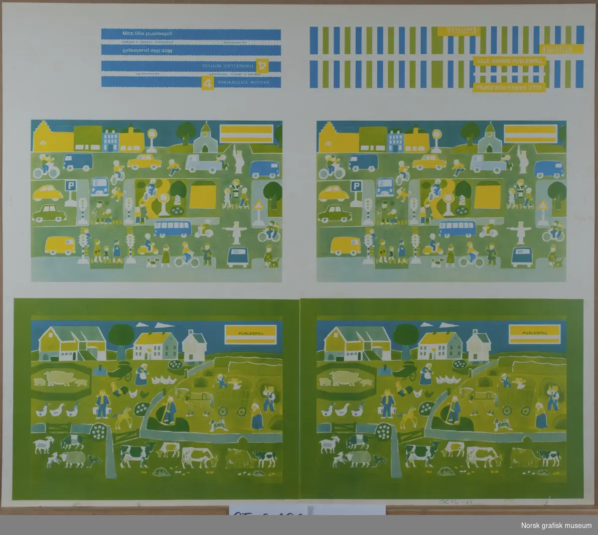 Originaltrykk-kartong med flere ulike puslespillmotiver trykt i gult og blått.