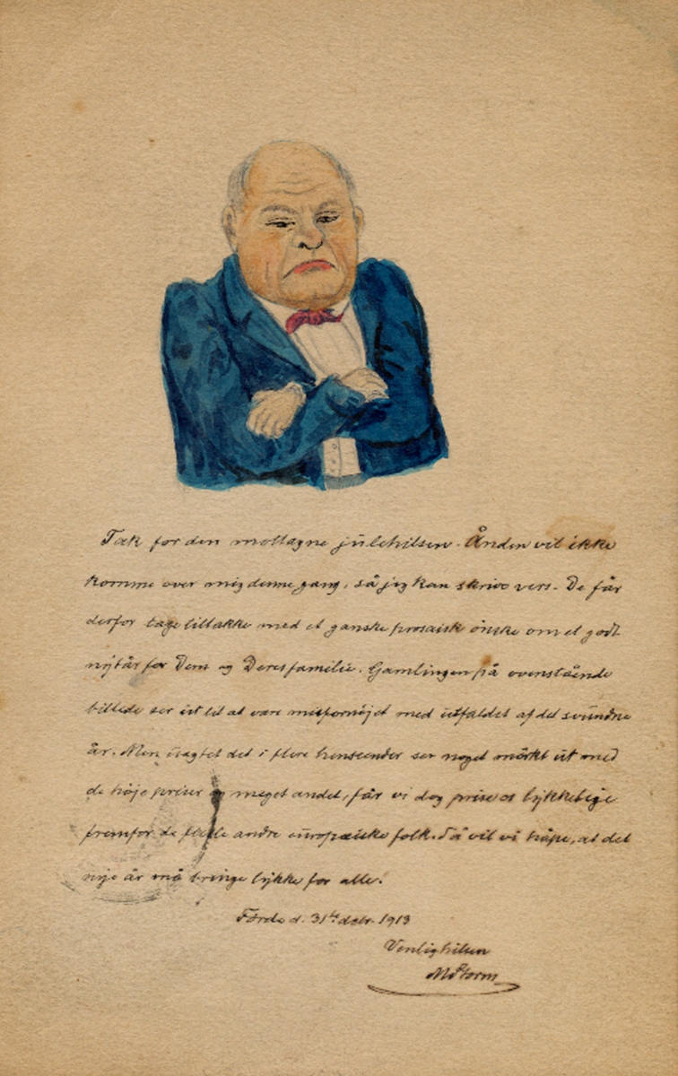 Teikning av ein mann med armane i kross og handskriven tekst under