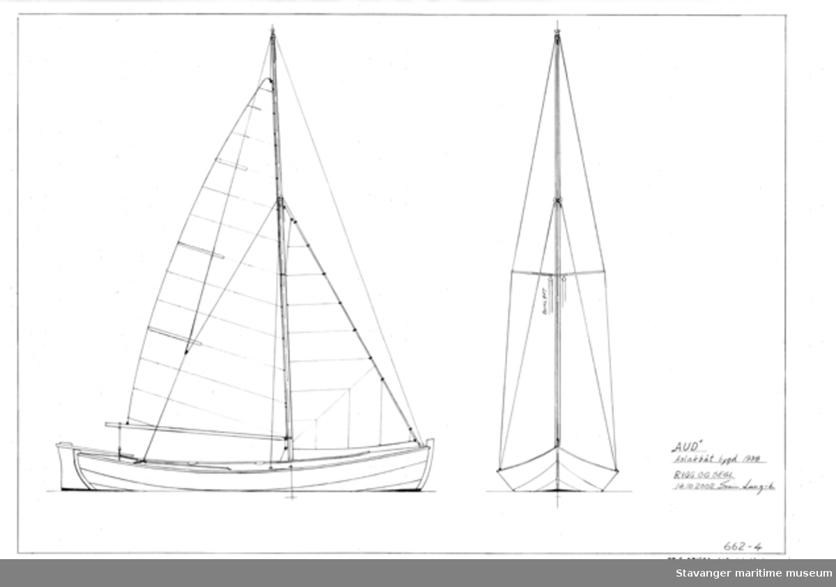 Oppmålingstegning av bruksbåt på folie, tegnet med penn. Snitt og detaljer.