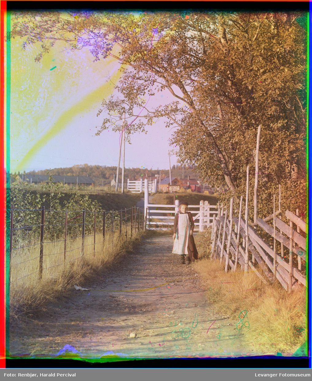 Motiv av gangveg med gjerde, port ved jernbaneovergang. Tatt mot nord og Mo gård. Ei jente går på en sti foran porten.