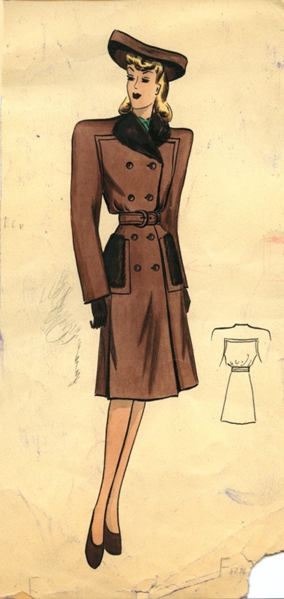 En av 12 skisser över kläder som såldes för Kirudds AB. Linnéa Granat f. Andersson (1909-1986) ritade av sydda existerande modeller som samlades i häften och sändes ut till kunder, dvs konfektionsaffärer.

Bilaga finns.