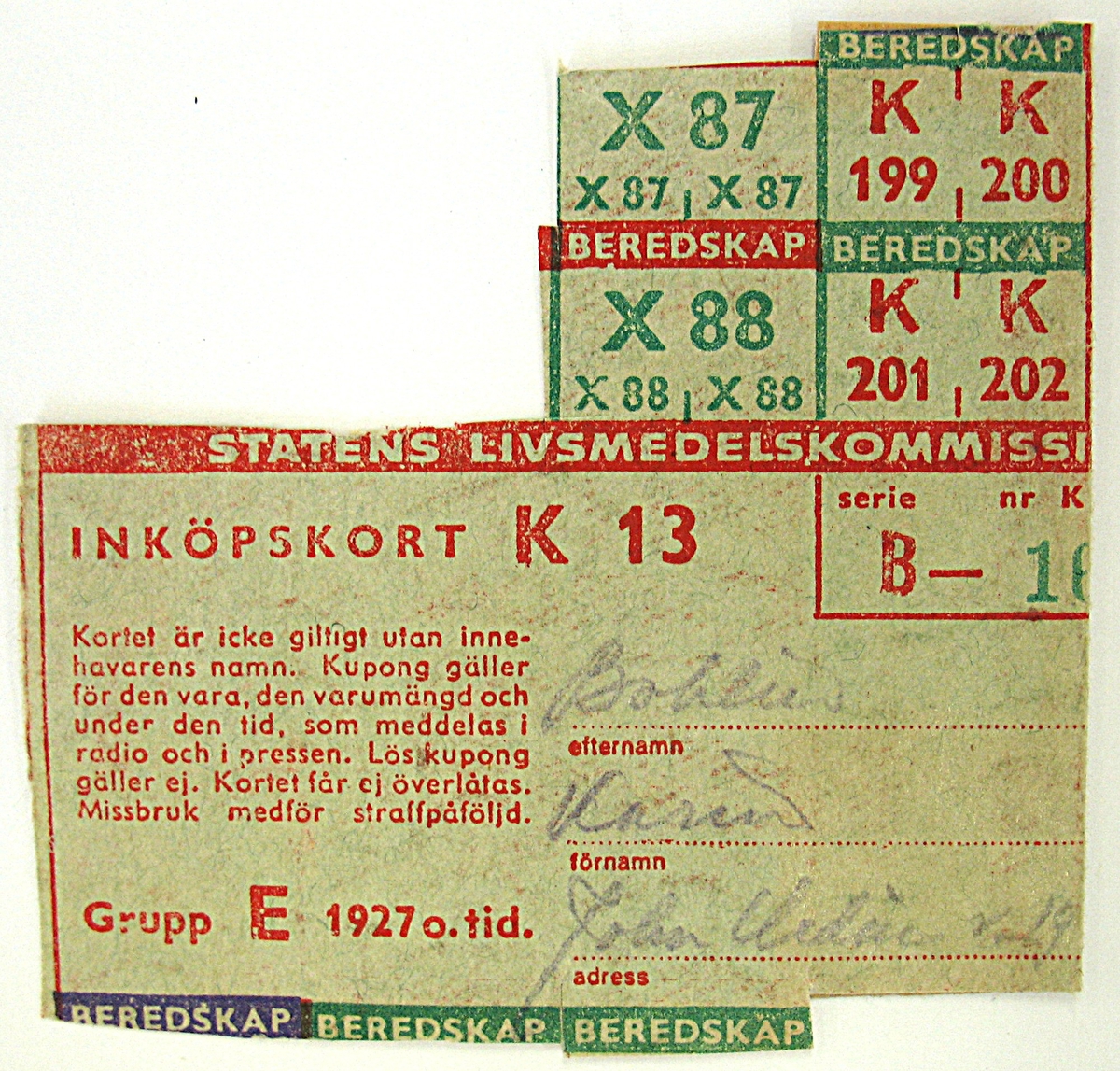 Ransoneringskort/beredskapskort. Kortet har använts till december 1947. 

Kortet har tillhört Karin Bohlin, mamma till givaren.