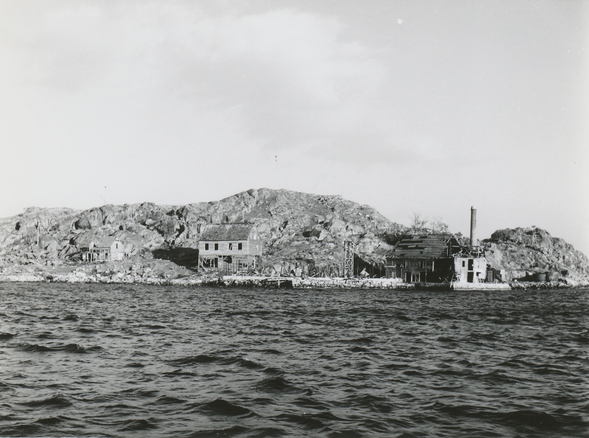 Prospektfotografi av eldre, forlatte industribygninger på Furkenholmen, Godøy. Her ble det drevet sildeoljefabrikk fra 1926. Tidligere var holmen et fiskevær.