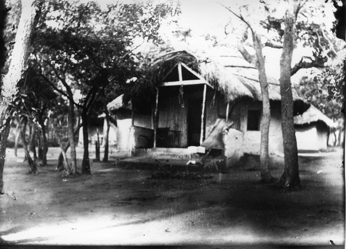 'Diverse fotografier från bl.a. dåvarande Nordrhodesia, nu Zambia, tagna av Konsul Magnus Leijer. ::  :: Vy över en mindre byggnad med halmtak, liggande på en öppen plats med omgivande träd.'