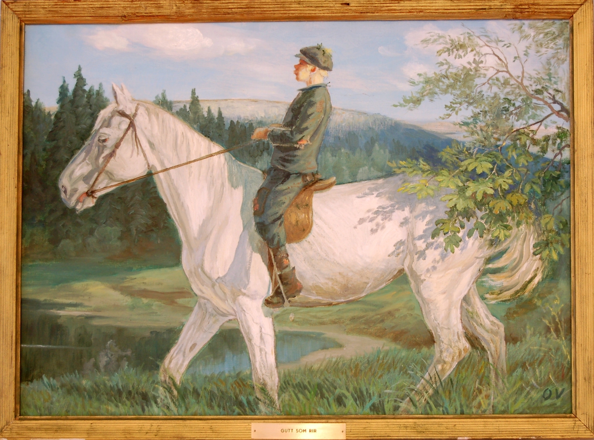 Hvit hest m. gutt i salen, vann, skog og ås