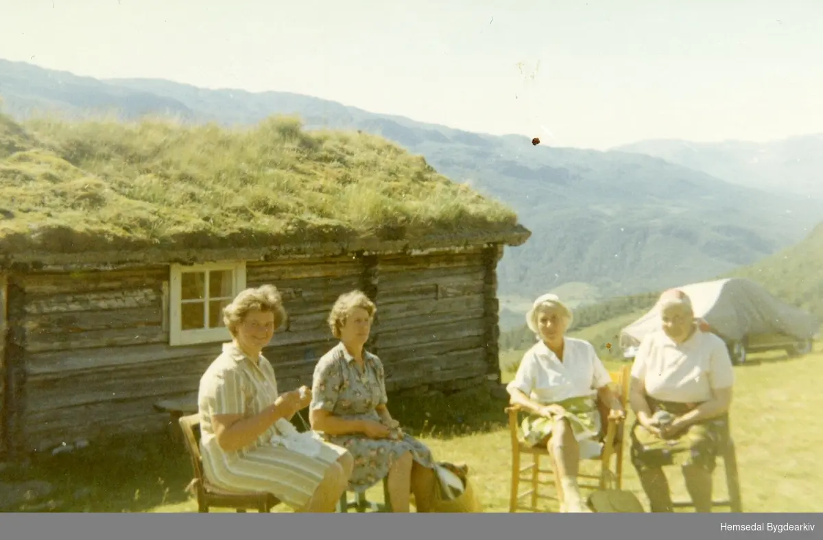 Fjellstølen hjå Bekkevold, 82/11 ca. 1970.
Frå venstre: Margit Fausko, Ragnhild Bekkevold, Kikki Næss og Anne Brandvold
