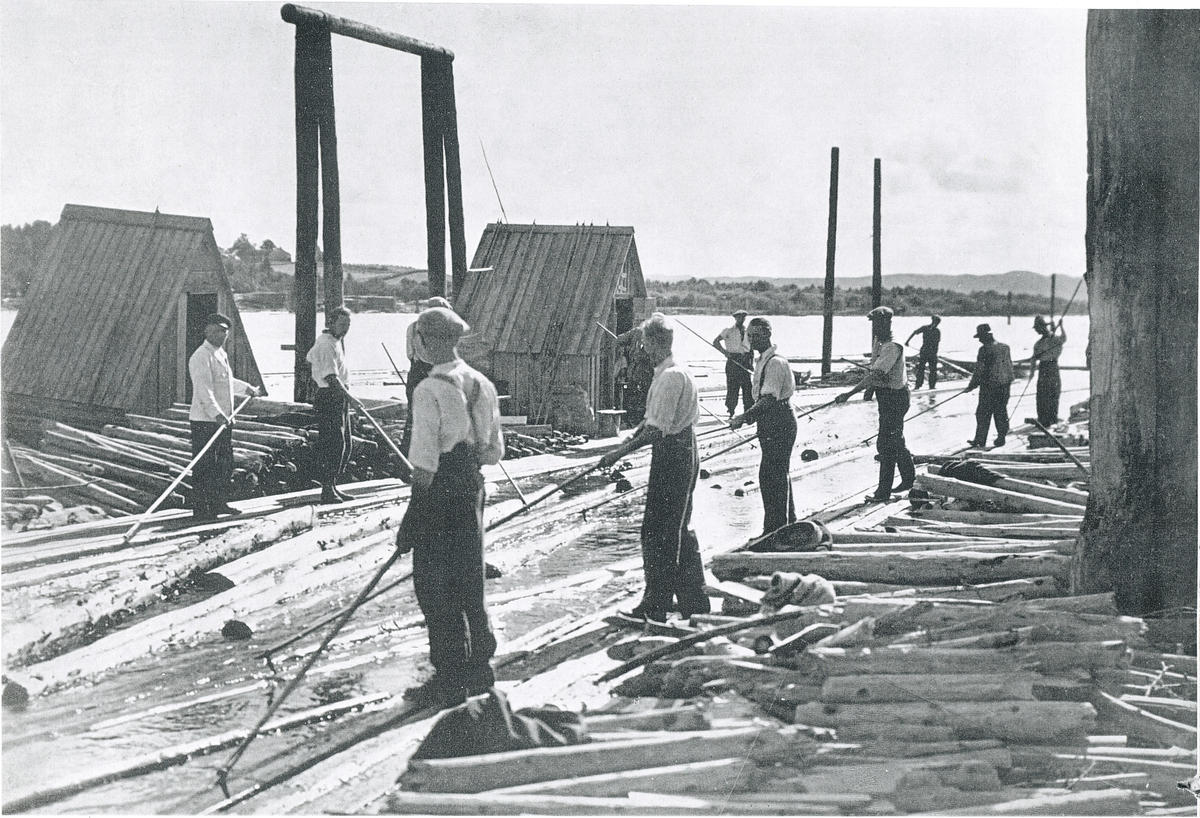 Historisk foto av personer som sorterer tømmerstokker ute på elva. (Foto/Photo)