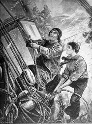 Seiling i dekk i storm, maleri av W.H. Overend