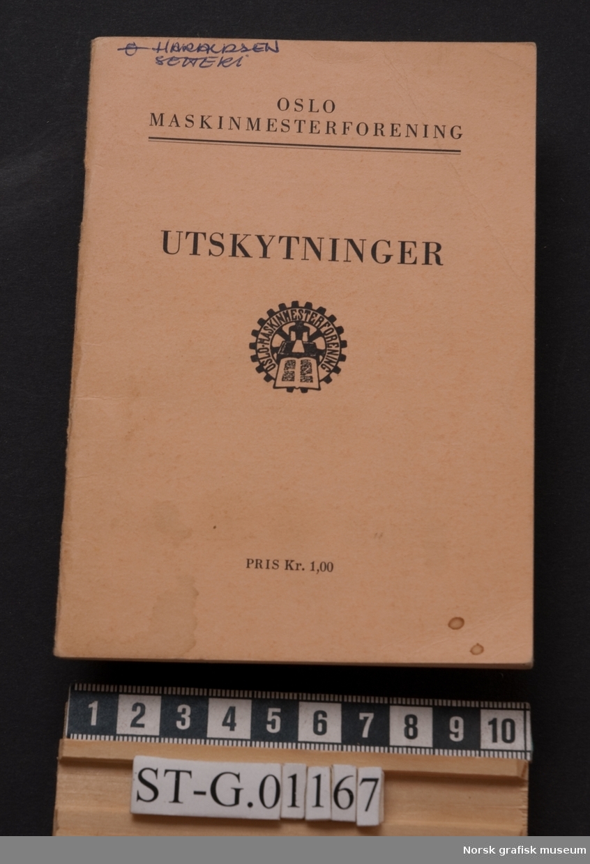 Bok: Utskytninger 
Utgitt av: Oslo Maskinmesterforening
Brukt hos: Haraldsen Setteri