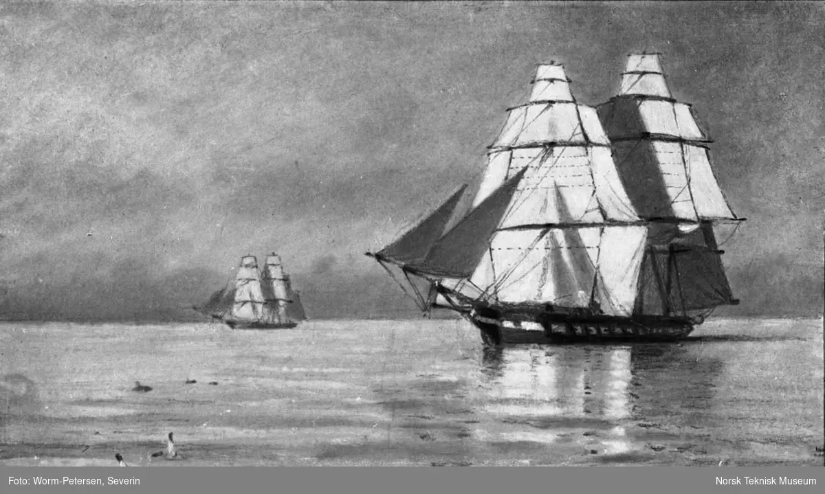 Marinemaleri, to seilskuter, malt av Carl Wilhelm Barth. Fra pakke merket "Norsk Malerkunst Barth"
