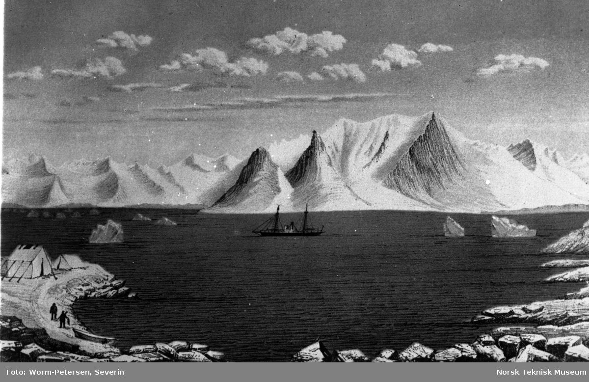 Skip på havet, fjellandskap (Svalbard?)