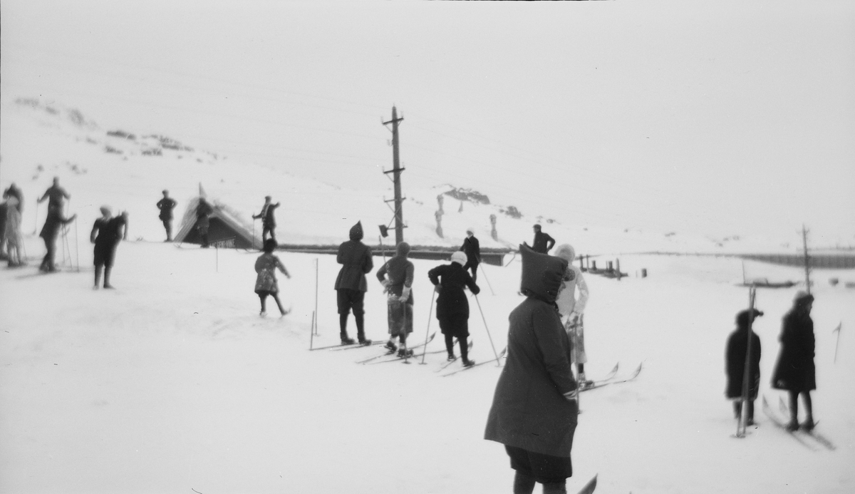 Menn og kvinner står på hver sin side av en bakke eller løype, de fleste med ski på bena.