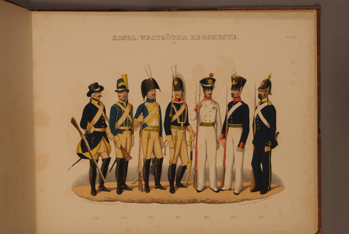 Plansch med uniform för Västgöta regemente för åren 1748-1845. Plansch i färgtryck efter original av Adolf Ulrik Schützercrantz. Ingår i planschsamlingen Svenska krigsmaktens fordna och närvarande munderingar.