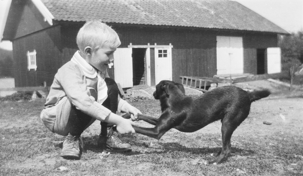 Iacob Ihlen Mathiesen sitter på huk holder en hundevalp i forlabbene. I bakgrunnen sees et uthus.