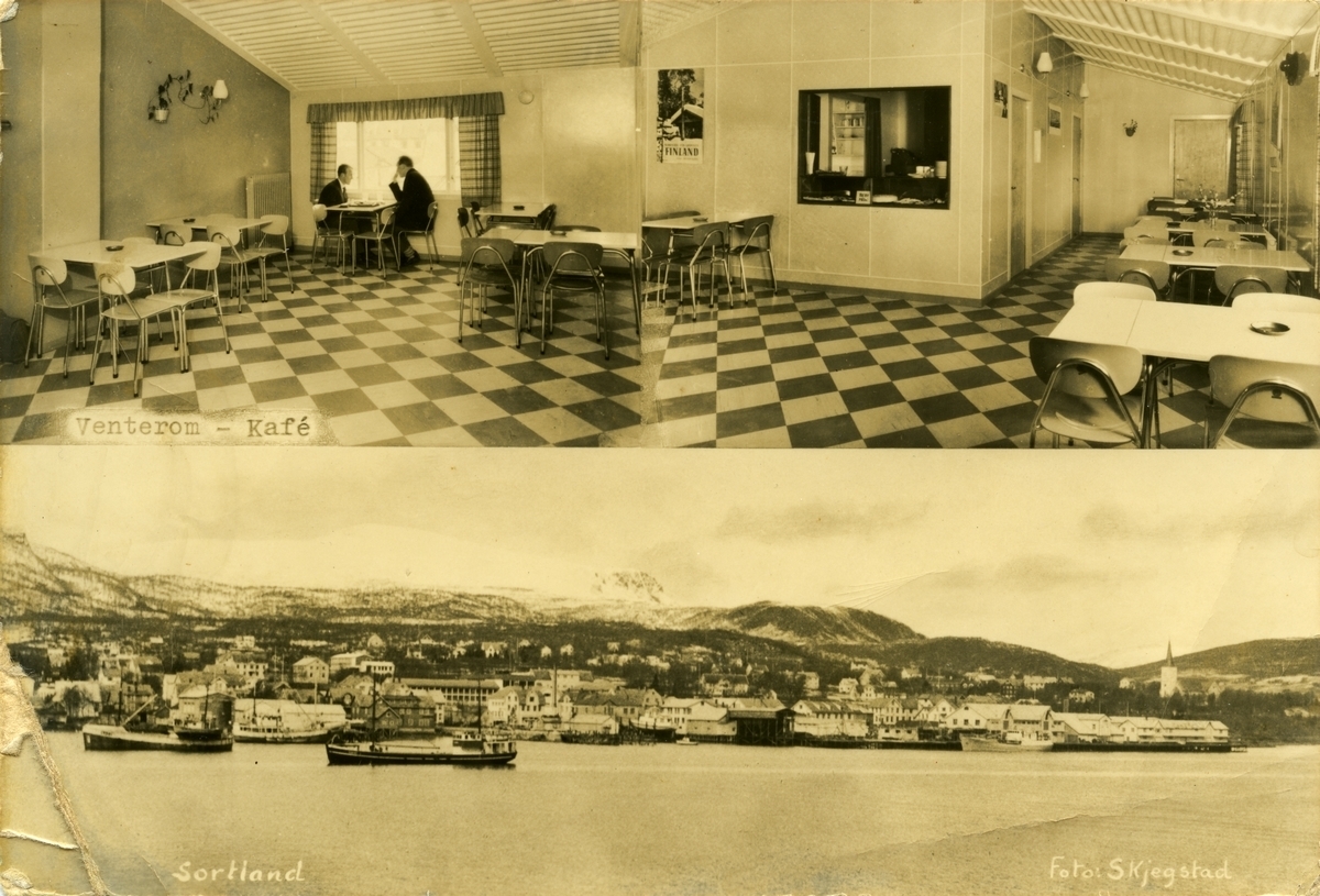 Postkort med bilde av interiør i Kaikafeen på Sortland (øverst) og Sortland sett fra sundet (nederst). Fotografert og utgitt av Sigurd Skjegstad på 1960-tallet.