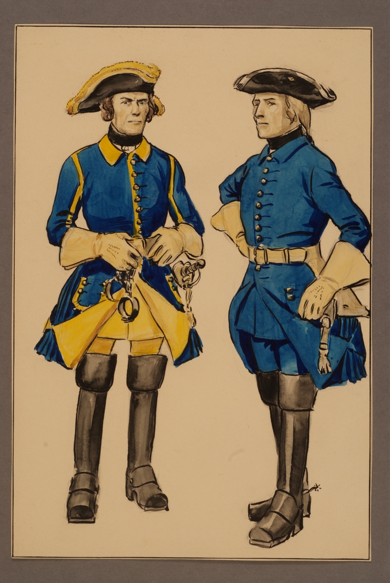 Plansch med uniform för profoss och sadelmakare vid Västgöta kavalleriregemente tidigt 1700-tal, ritad av Einar von Strokirch.