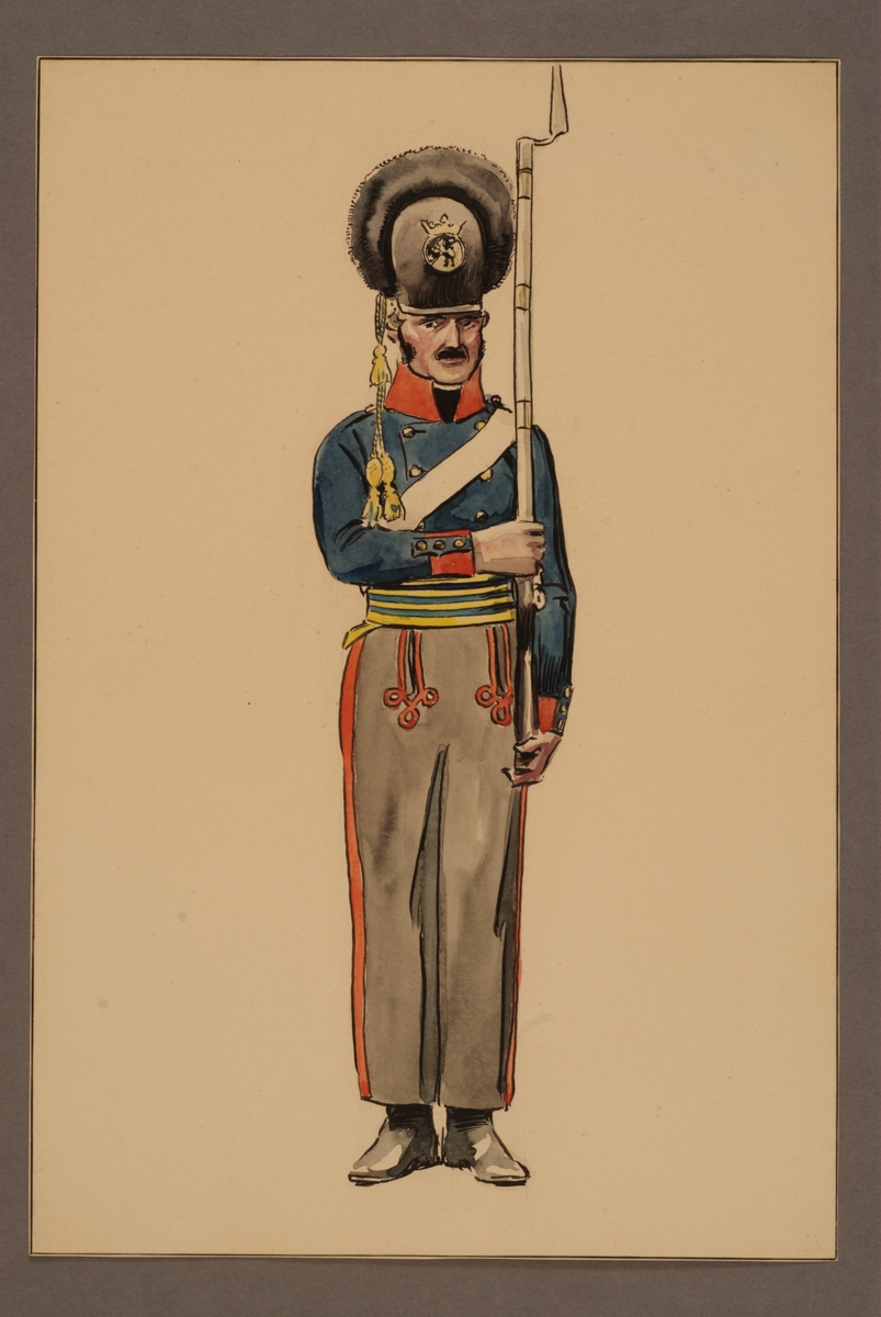 Plansch med uniform för soldat vid Västgöta regemente, ritad av Einar von Strokirch.