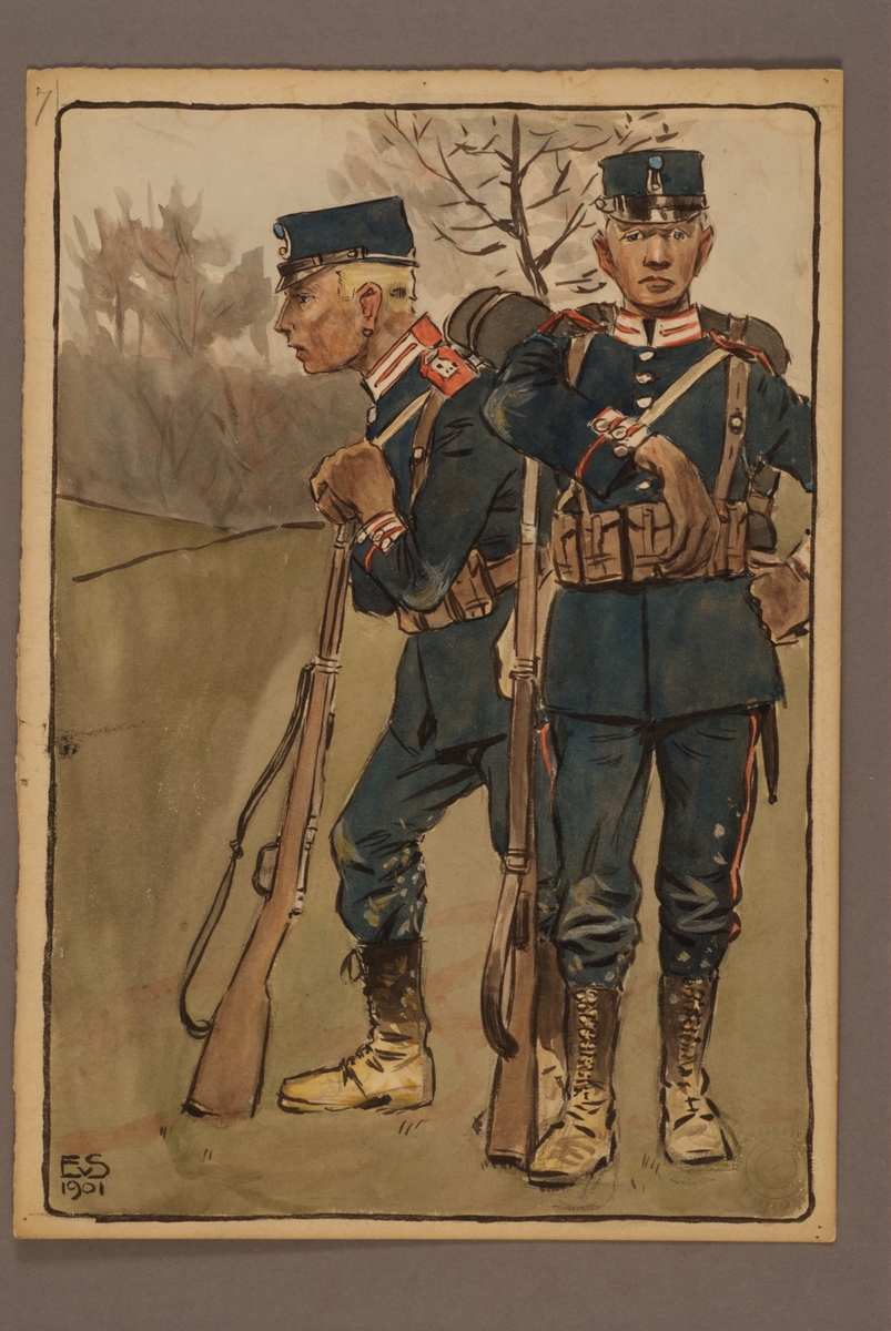 Plansch med uniform för Göta Livgarde, ritad av Einar von Strokirch.