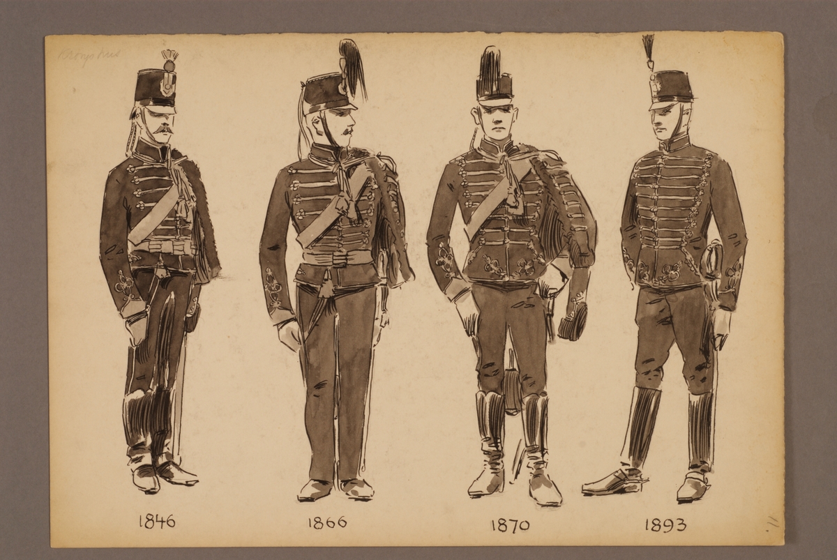 Plansch med uniform för Kronprinsens husarregemente för åren 1846-1893, ritad av Einar von Strokirch.