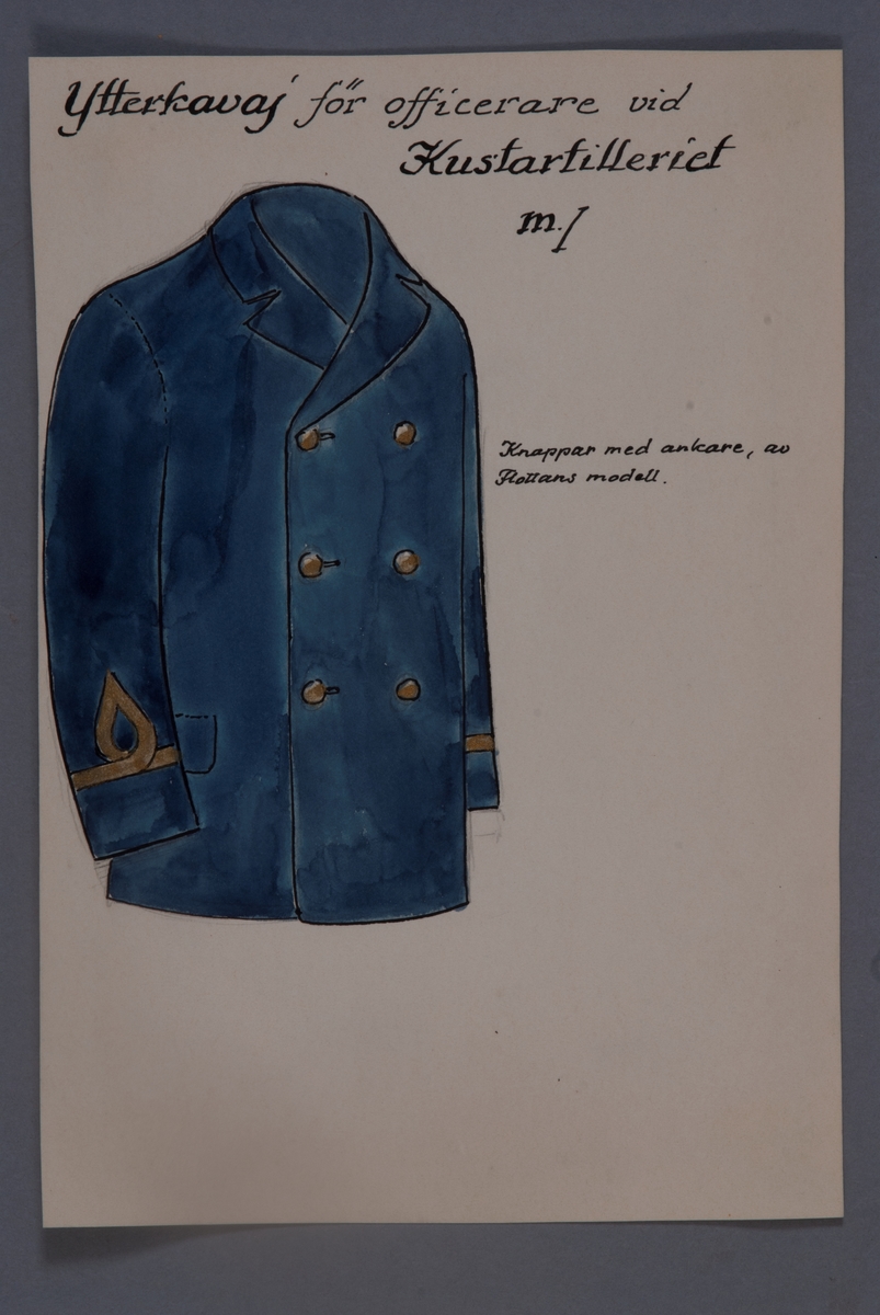 Uniformsteckning i original av Einar von Strokirch, ytterkavaj för officer vid Kustartilleriet.