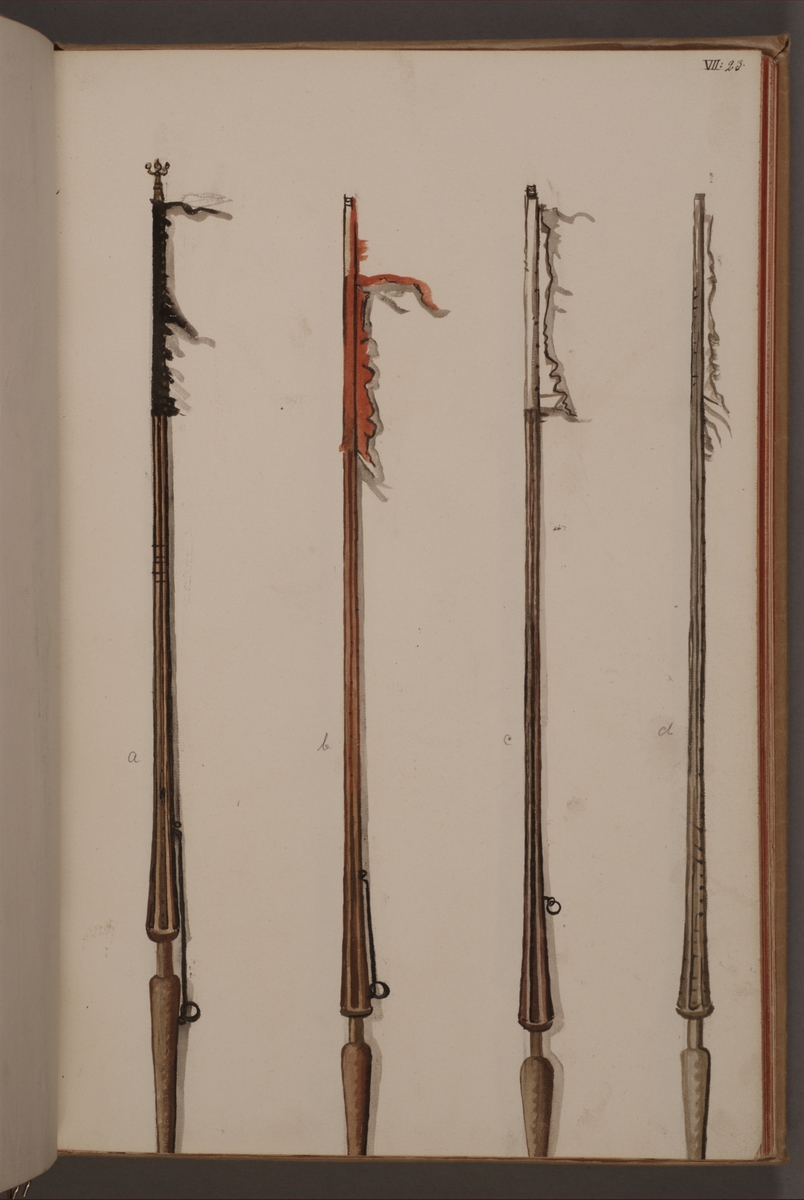 Avbildning i gouache föreställande standarstänger tagna som troféer av svenska armén. Stängerna längst till vänster och längst till höger i bild finns bevarade i Armémuseums samling, för mer information, se relaterade objekt.