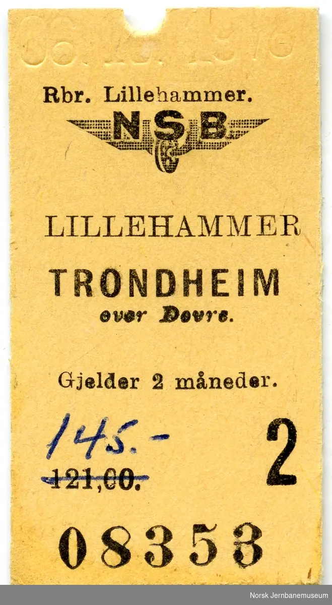 Billett Lillehammer-Trondheim, 2. klasse, brukt, solgt av NSB Reisebyrå, Lillehammer