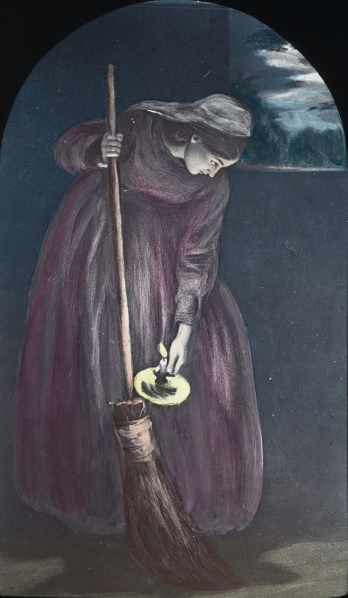 Kolorerad skioptikonbild med religiöst motiv. Kvinna med sopkvast.
