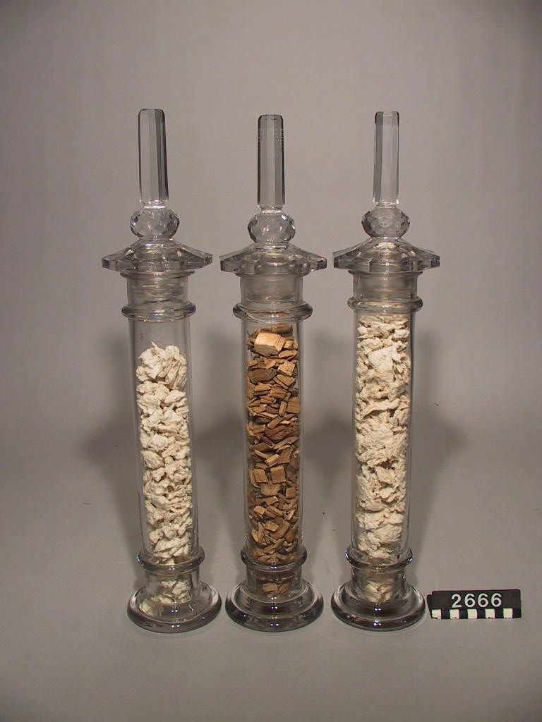 10 st. glasflaskor med slipade proppar (Carl Daniel Ekman). Innehållande prover på flis och sulfitmassa.