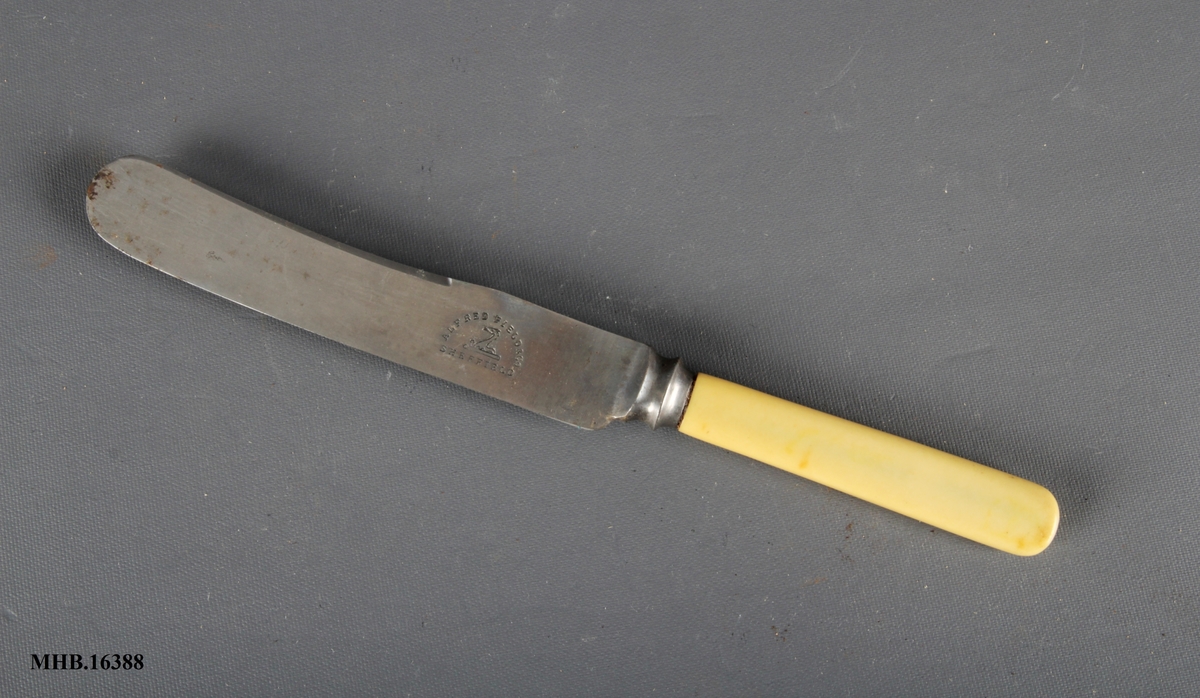 Bordkniv med avrundet blad og hvitt skaft.