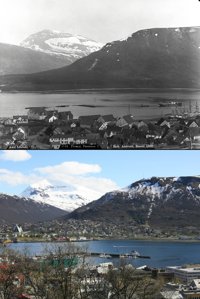 Refotografering. Utsikt over Tromsø mot Tromøya. Fotografert 1885 og 2007. Småhusbebyggelse er avløst av industribygg. Det er anlagt ny småbåthavn. Tromøya er blitt bebygget langs med sundet. Ishavskatedralen til venstre.
