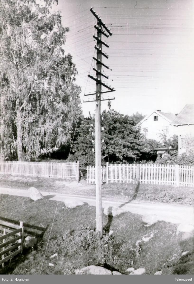 Telefonstolpe med 9 traverser og linjer i kryss samt isolatorer nedover på stolpen. Denne stolpen stod på kursen Romedal-Vallset ved Hågenrud i Stange kommune, Hedmark.