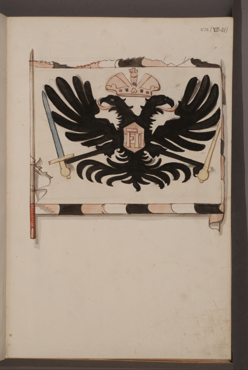 Avbildning i gouache föreställande fana tagen som trofé av svenska armén. Den avbildade fanan finns inte bevarad i Armémuseums samling.