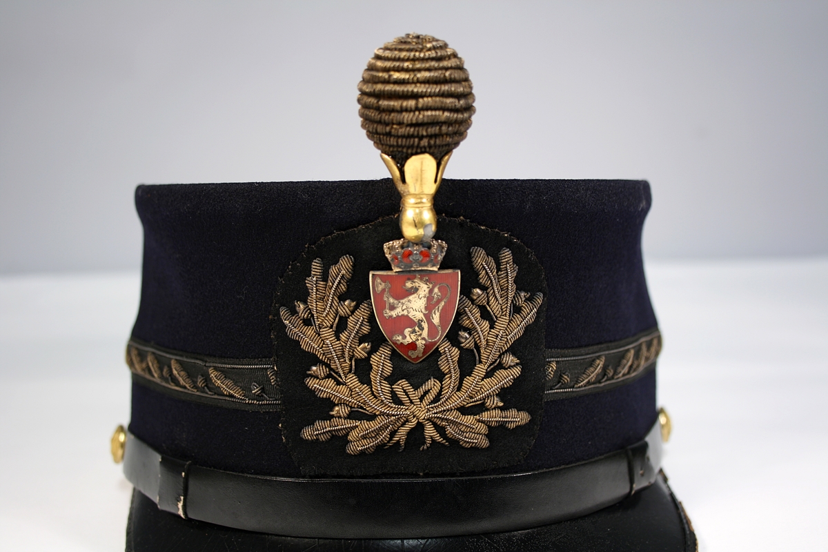 Sort kepilue med riksvåpen i metall omgitt av gullbrodert åpen ekebladskrans. Gullpompon. Smalt sort luebånd med gullbroderte ekeblad og ekenøtter. Reim og skygge isort lakk.