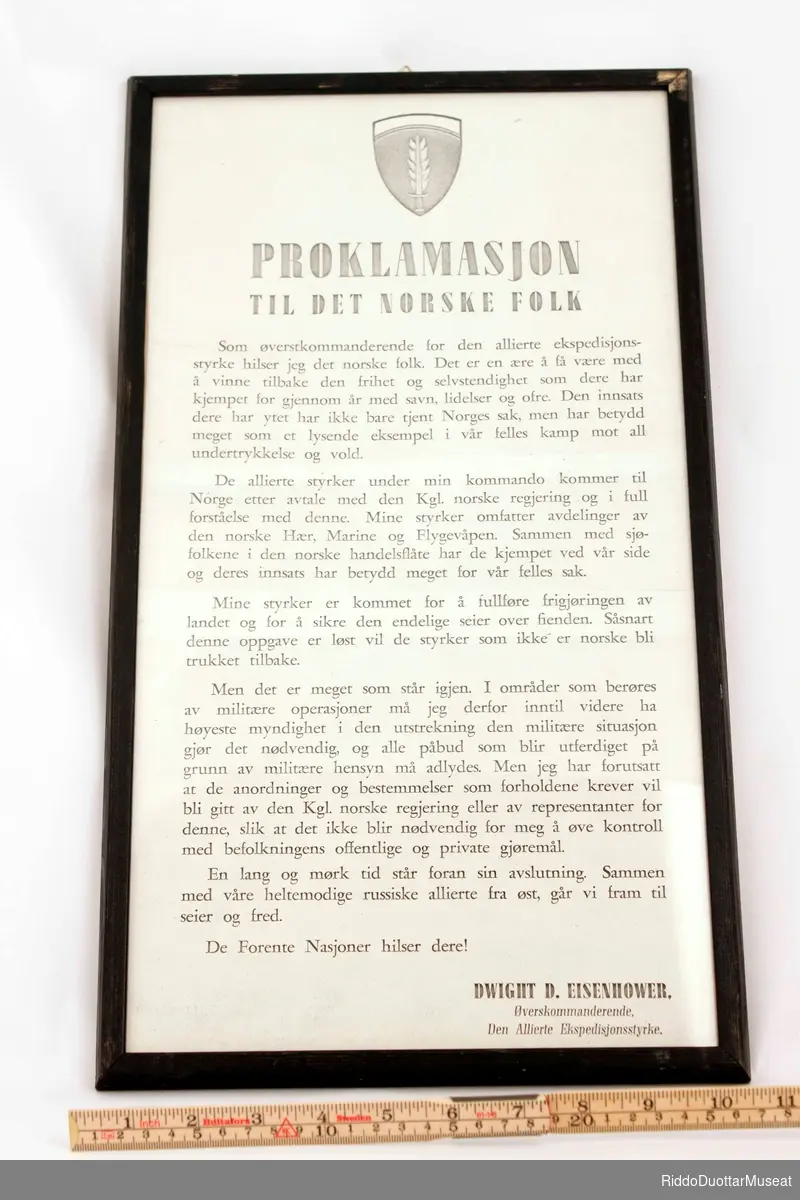 Proklamasjon til det norske folk fra Dwight D. Eisenhower.