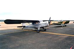 Lufthavn/Flyplass. Et fly, VH-ABS,  Auster, parkert på oppst