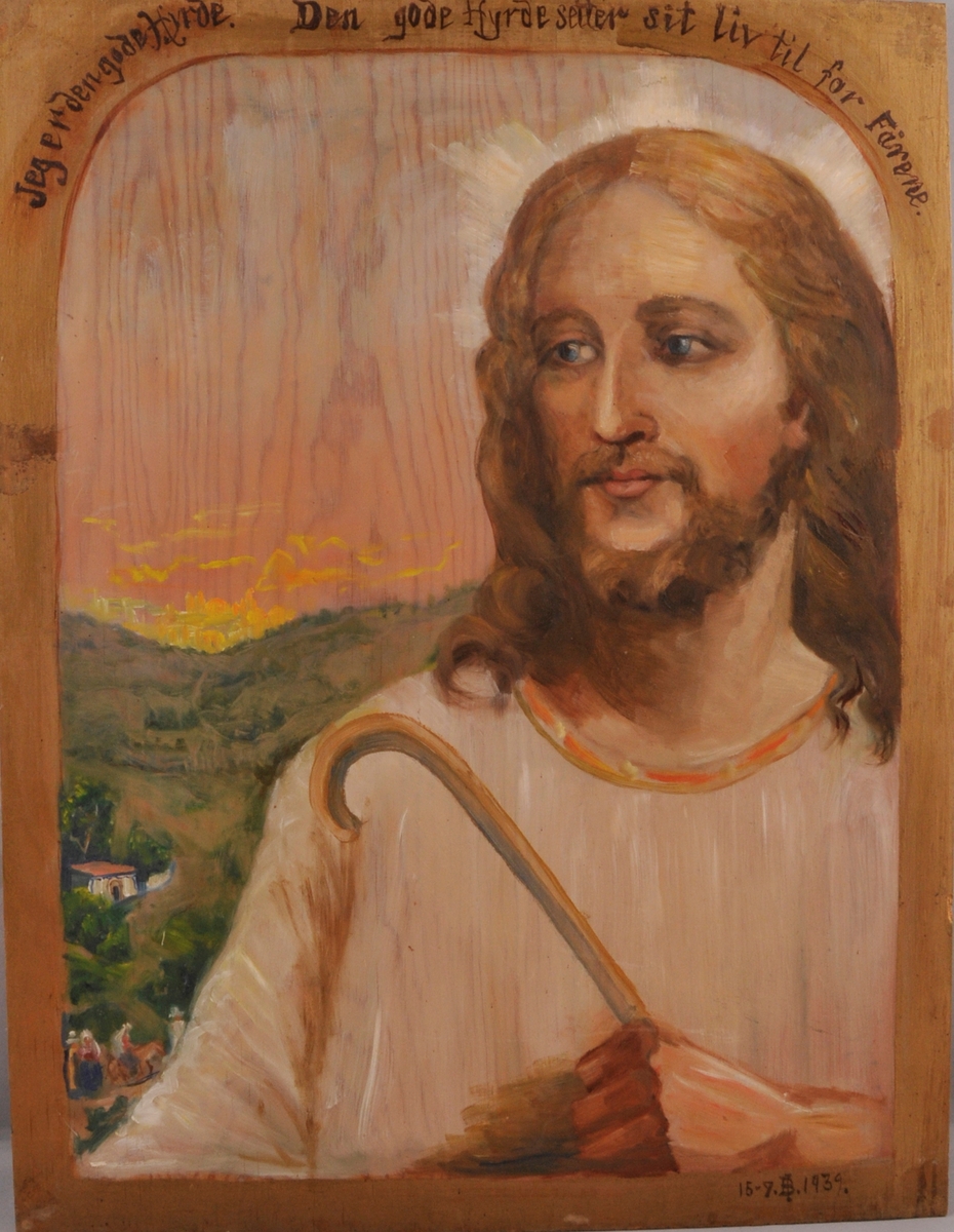 Kristus med hyrdestav, landskap i bakgrunnen.