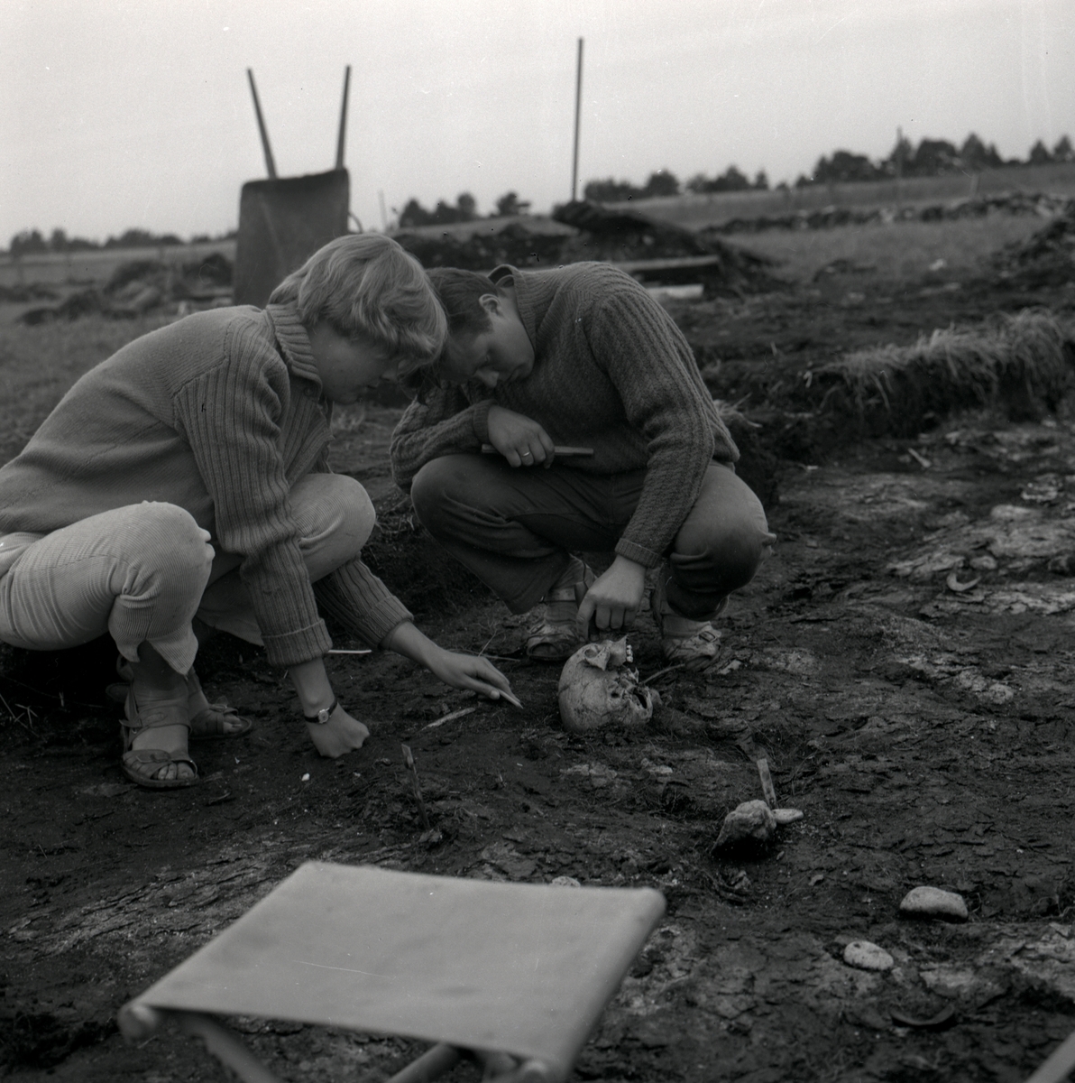 Arkeologisk undersökning vid Skedemosse 1961, här har man hittat ett kranium.