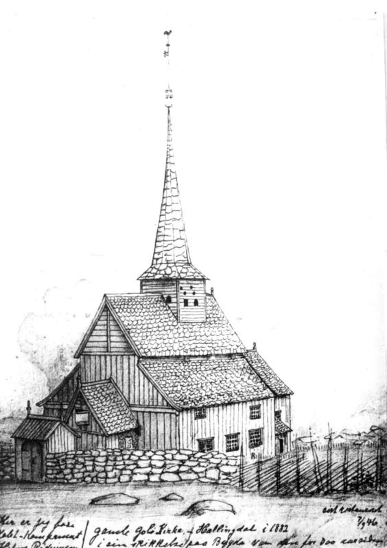Gol stavkirke før flytting til Bygdøy. Tegning av Hans Gude 1846.
