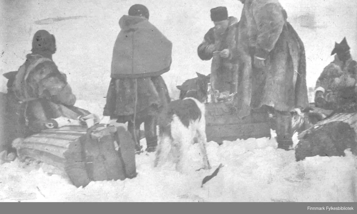 Aimjoknesset,1916. Samer i pesk med karakteristisk samisk lue. En hund står i forgrunnen. Matrast i snøen.